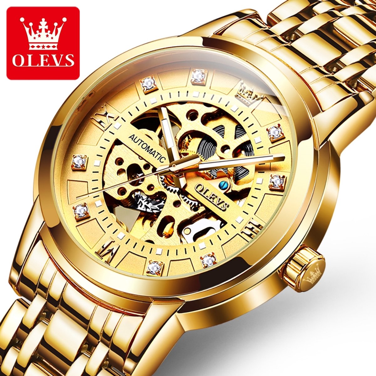 HO-9901.g : Olevs goudkleurig automatisch-mechanisch edelstaal heren skeleton horloge, 30ATM-3BAR, tourbillon, luminiscerend