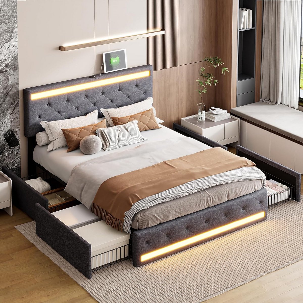 Tweepersoonsbed 140x200 met LED, USB en 4 Opbergladen, Gevoerd Hoofdeinde