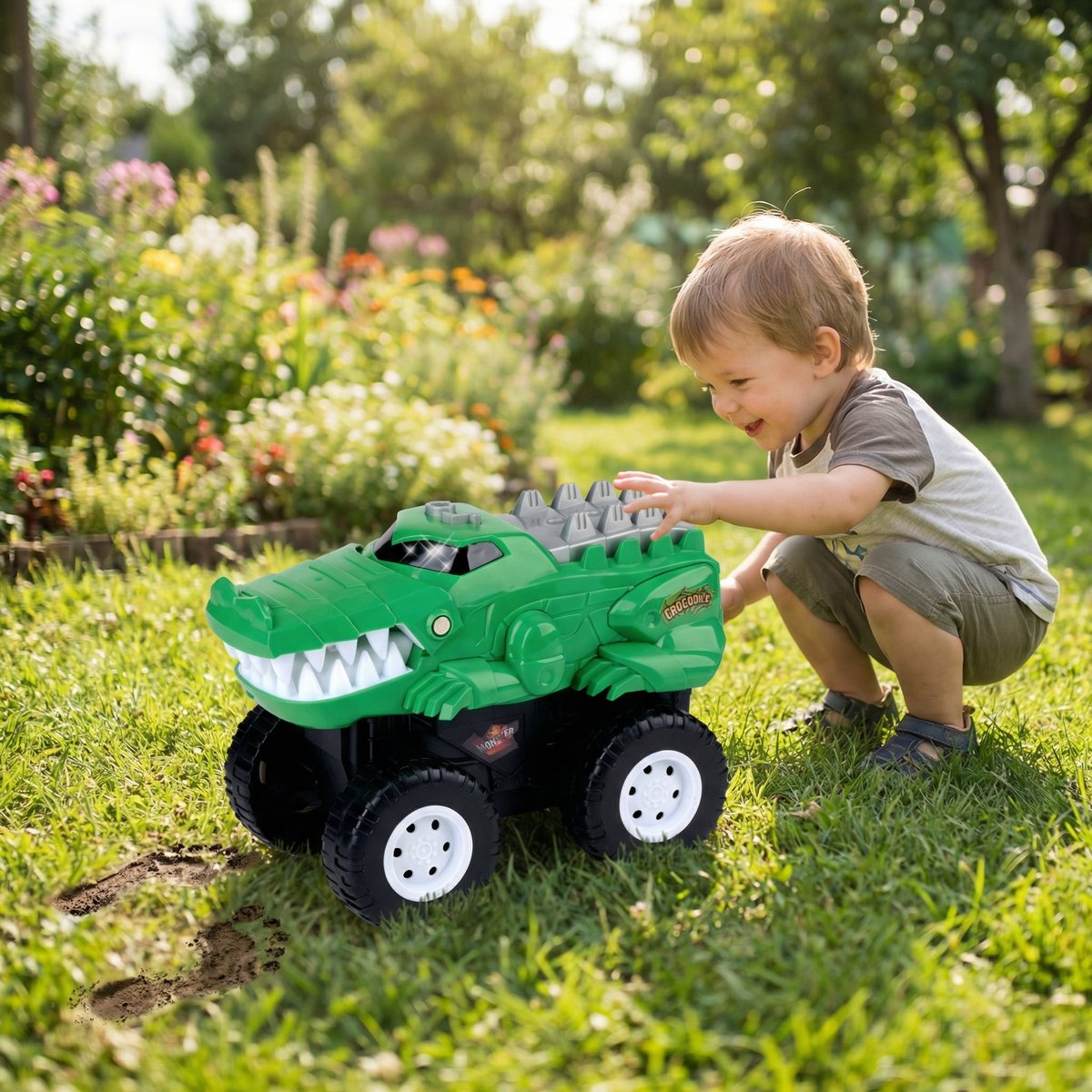 Eddy Toys Krokodil Auto - Crocodile Car met Licht en Geluid - Speelgoed Auto met Monstertruck Wielen - Werkt op 3x AA Batterijen - Groen/Zwart/Wit — afbeelding 3
