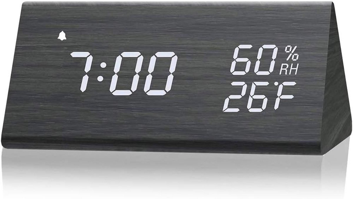 Digitale Wekker Hout met LED Display, Temperatuur & Vochtigheid, 3 Alarmen - Zwart