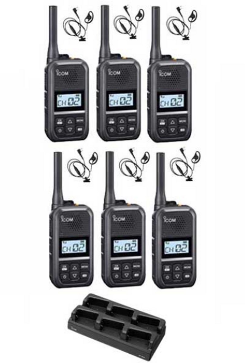 Set van 6 Icom IC-U20SR IP54 mini Portofoon met multilader en D-shape oortje