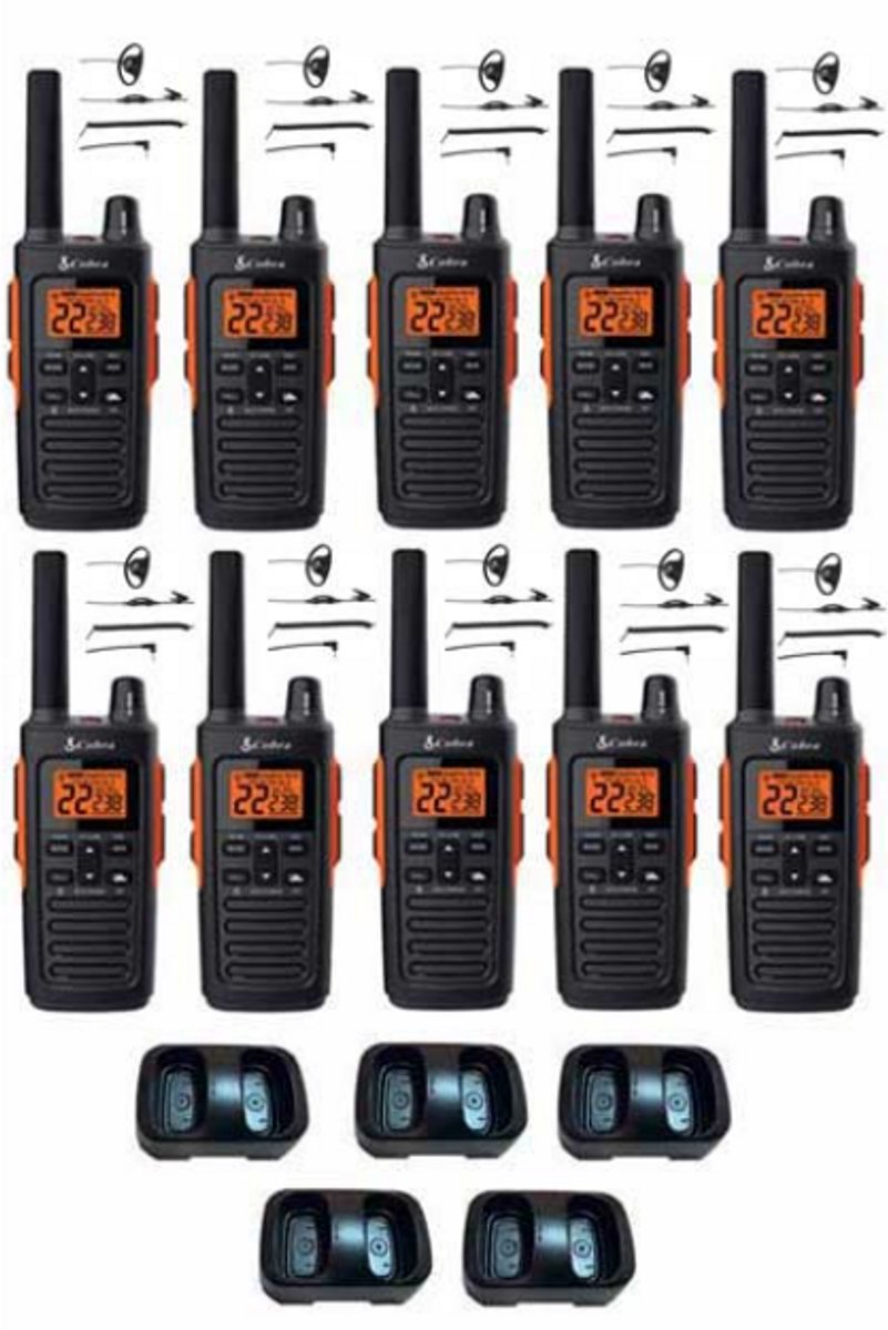 Set van 10 Cobra RX680 PMR446 portofoons IP54 met tafellader en D-shape oortje