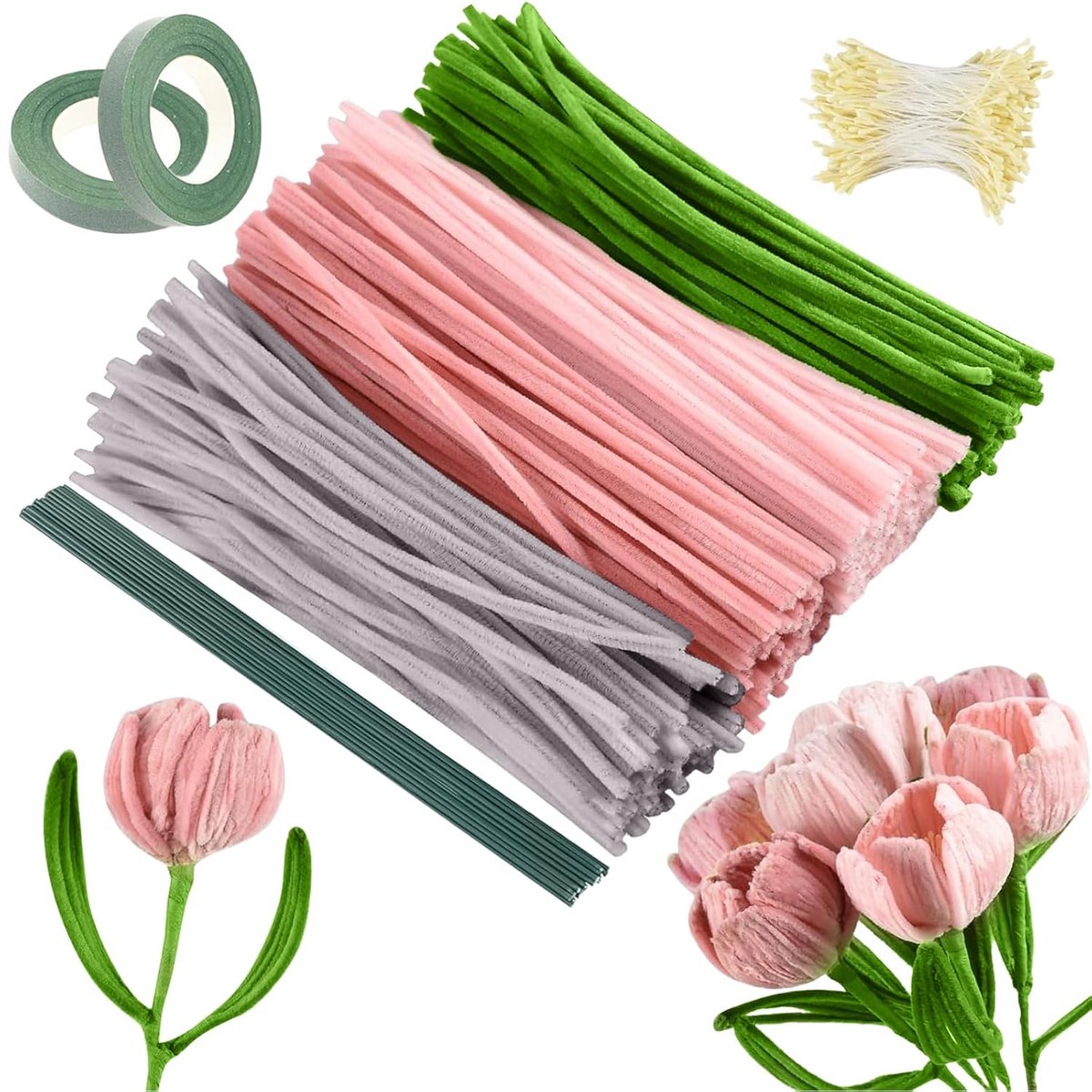 400x Roze Chenilledraad Pijpenragers voor Bloemen & Knutselprojecten - Inclusief Bloementape en Stelen
