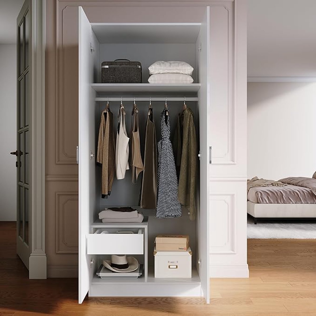 Kledingkast met Spiegeldeur 76x47x180 cm – Hoogglans Wit – 2 Deurs Draaideur Kast met Aluminium Kledingroede en Soft Close – Moderne Slaapkamerkast – Abkantoor
