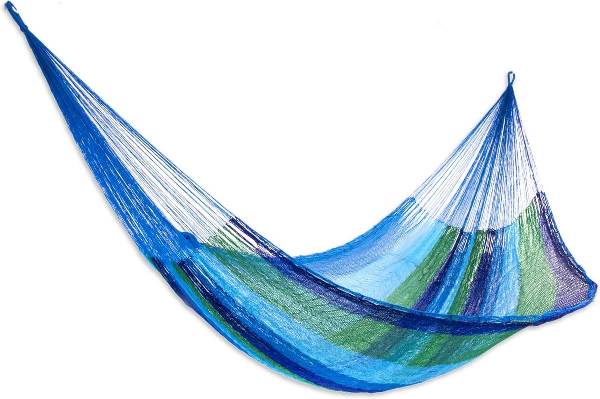 Handgeweven XL Twee Persoons Hangmat van Nylon Touw in Aqua Groen en Blauwe Strepen