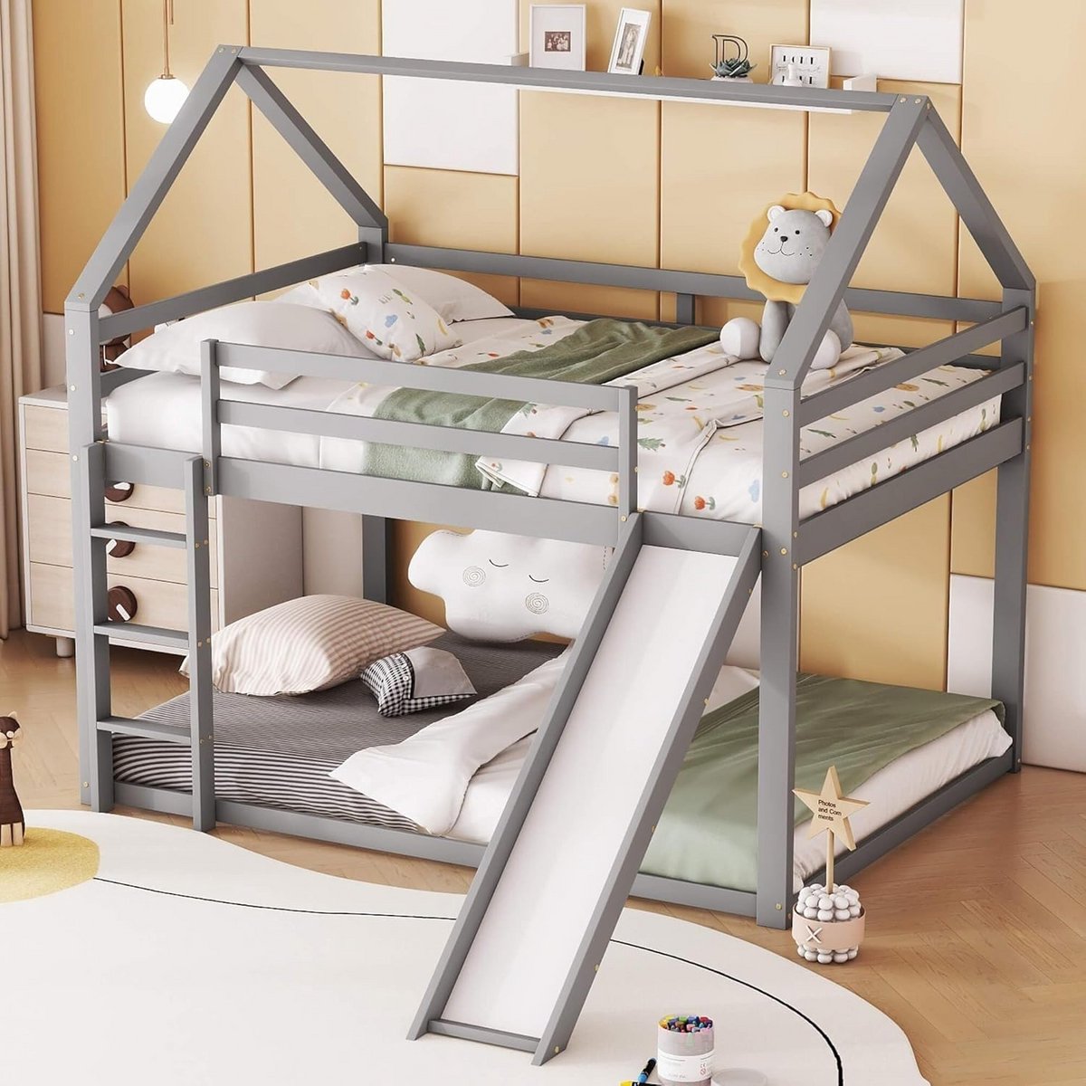 Stapelbed 140x200 cm met Glijbaan en Valbeveiliging - Kinderbed Hoogslaper Grenenhout Grijs