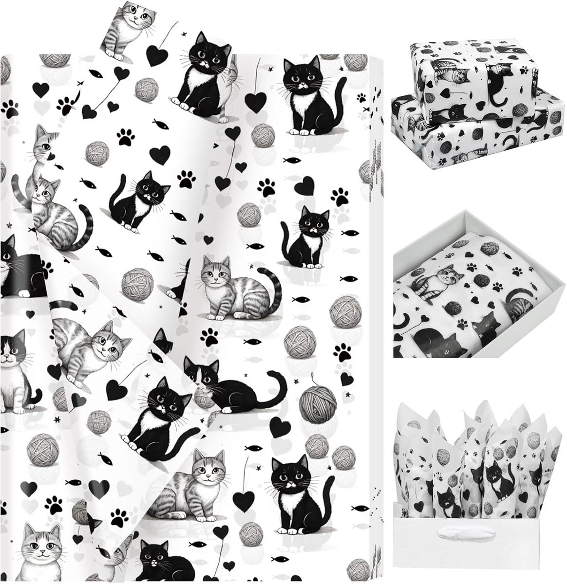 100 Vellen Luxe Tissuepapier met Zwarte Katjes, Pootjes en Garen Patroon - Inpakpapier Cadeau