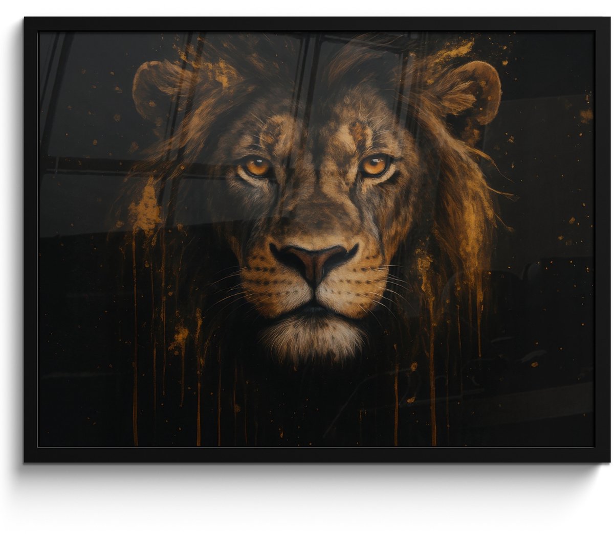 FrameYourWall Poster in lijst - Fotolijst 70x50 cm - Posters - Leeuw - Goud - Druppels - Posterlijst zwart - Decoratie - Wanddecoratie woonkamer - Muurdecoratie slaapkamer