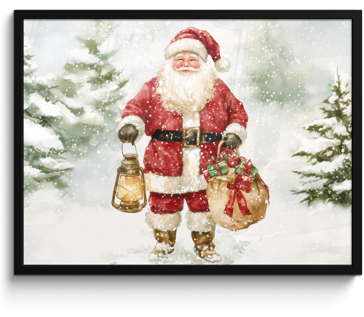 FrameYourWall Poster in lijst - Fotolijst 70x50 cm - Posters - Kerstman- Winter - Sneeuw - Wit - Rood - Posterlijst zwart - Decoratie - Wanddecoratie woonkamer - Muurdecoratie slaapkamer - Kerstversiering - Kerstdecoratie voor binnen - Kerstmis