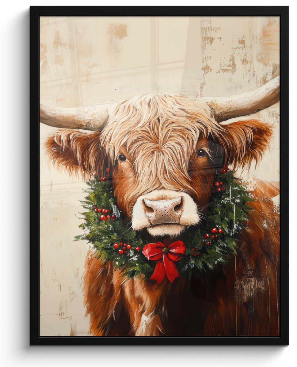 FrameYourWall Poster in lijst - Fotolijst 50x70 cm - Posters - Kerst - Schotse Hooglander - Bruin - Krans - Posterlijst zwart - Decoratie - Wanddecoratie woonkamer - Muurdecoratie slaapkamer - Kerstversiering - Kerstdecoratie voor binnen - Kerstmis
