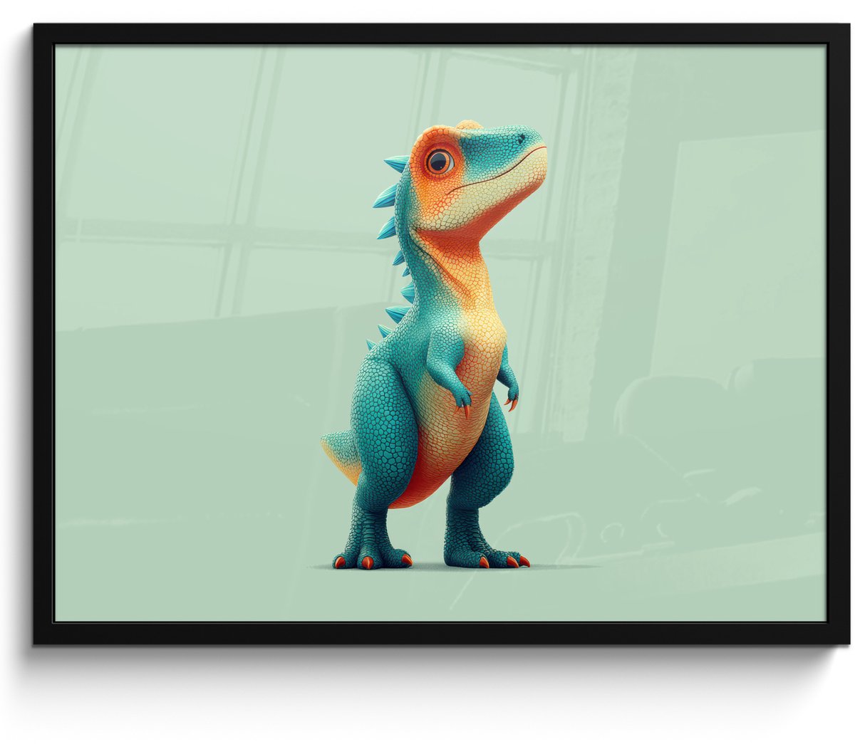 FrameYourWall Poster in lijst - Fotolijst 70x50 cm - Posters - Cartoon - Dino - Oranje - Stekels - Posterlijst zwart - Decoratie - Wanddecoratie woonkamer - Muurdecoratie slaapkamer