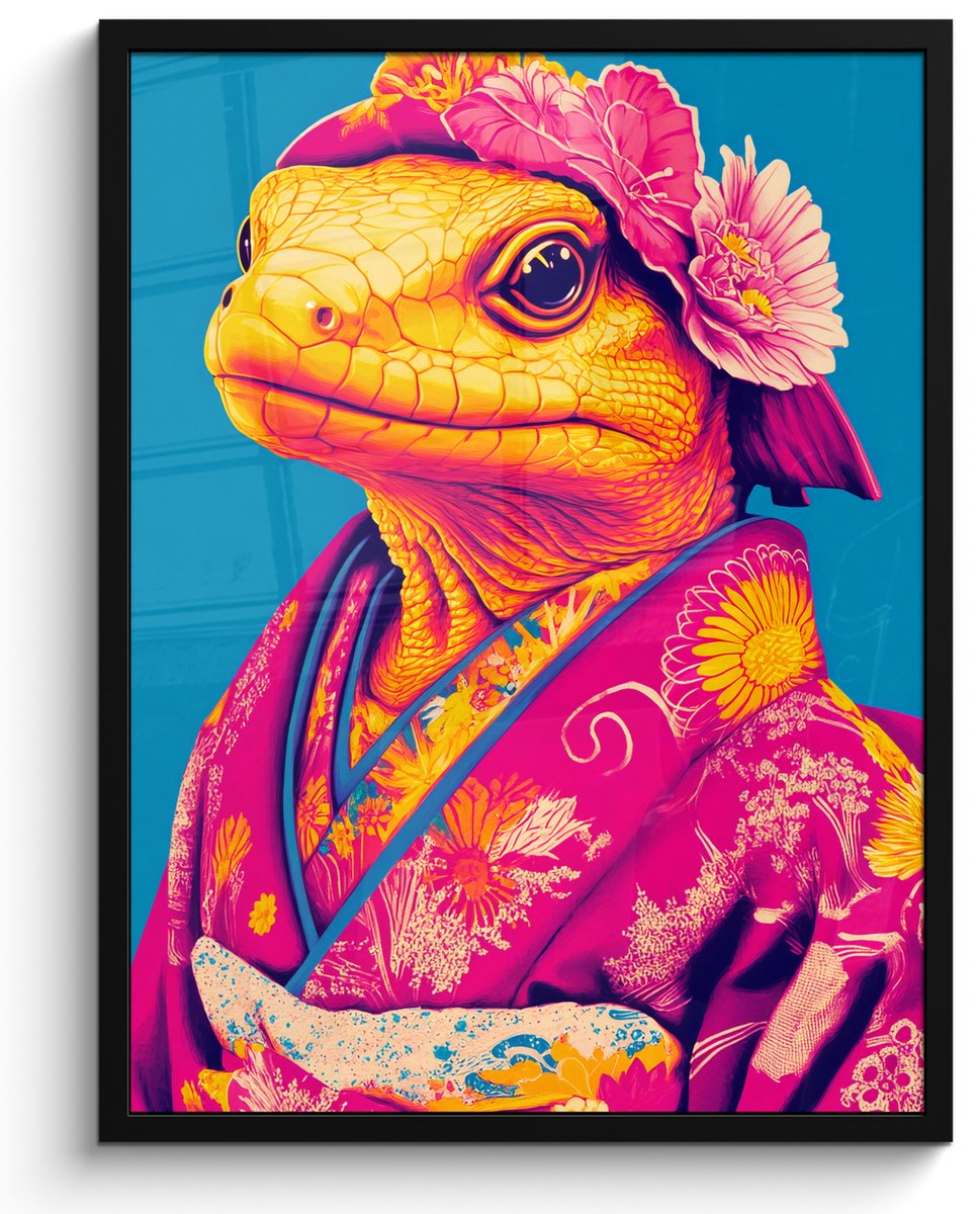 FrameYourWall Poster in lijst - Fotolijst 50x70 cm - Posters - Bloemenkrans - Hagedis - Kimono - Paars - Posterlijst zwart - Decoratie - Wanddecoratie woonkamer - Muurdecoratie slaapkamer