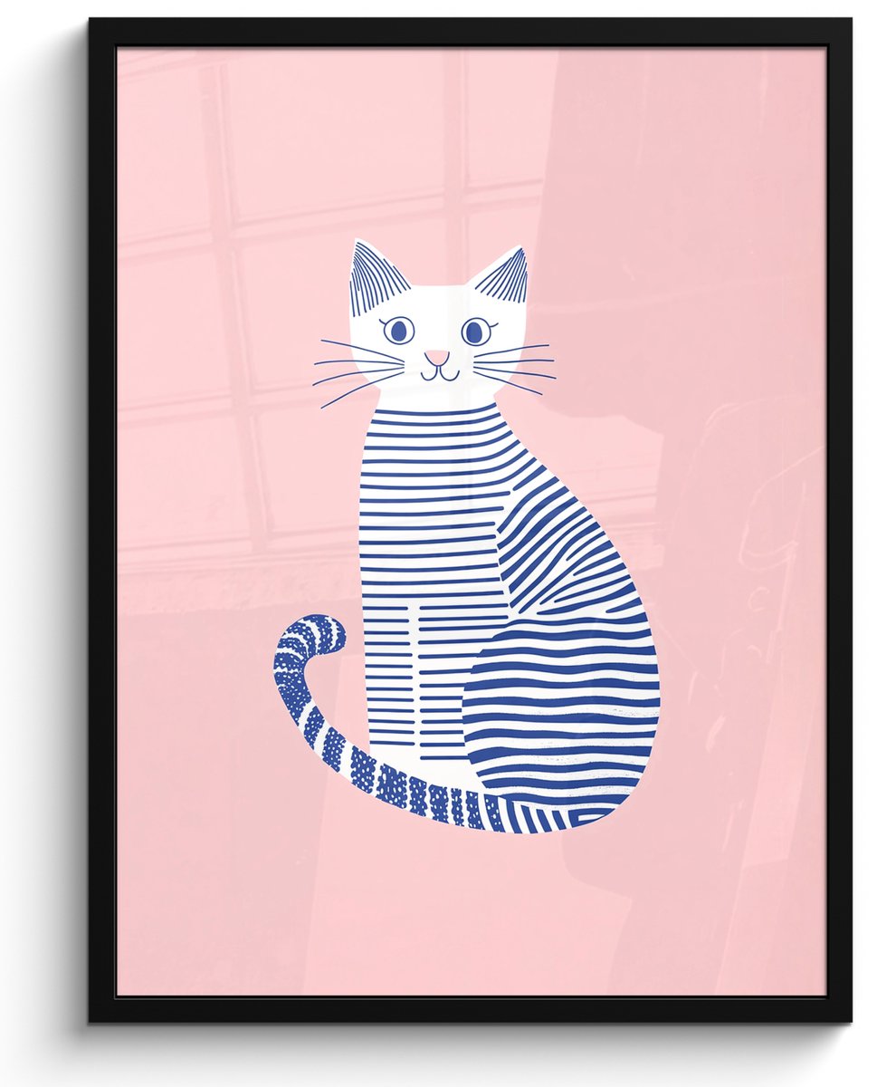 FrameYourWall Poster in lijst - Fotolijst 50x70 cm - Posters - Kat - Illustratie - Minimalistisch - Roze - Posterlijst zwart - Decoratie - Wanddecoratie woonkamer - Muurdecoratie slaapkamer