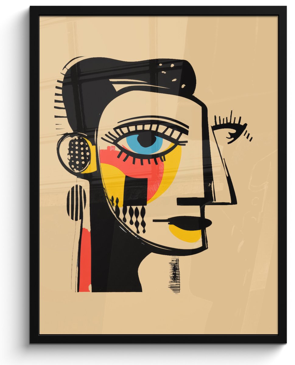 FrameYourWall Poster in lijst - Fotolijst 50x70 cm - Posters - Geometrisch - Felle kleuren - Kubistische stijl - Posterlijst zwart - Decoratie - Wanddecoratie woonkamer - Muurdecoratie slaapkamer Gezicht - Kunst