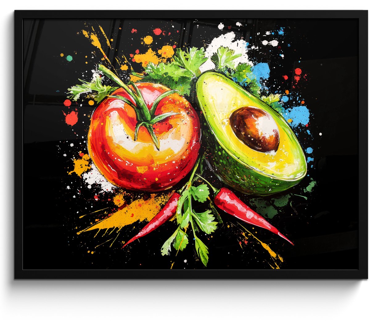 FrameYourWall Poster in lijst - Fotolijst 70x50 cm - Posters - Tomaat - Avocado - Peper - Graffiti - Verf - Modern - Posterlijst zwart - Decoratie - Wanddecoratie woonkamer - Muurdecoratie slaapkamer Graffiti - Groente