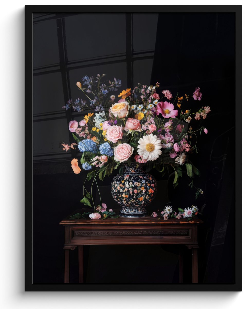 FrameYourWall Poster in lijst - Fotolijst 50x70 cm - Posters - Bloemenvaas - Hout - Bloemen - Boeket - Posterlijst zwart - Decoratie - Wanddecoratie woonkamer - Muurdecoratie slaapkamer