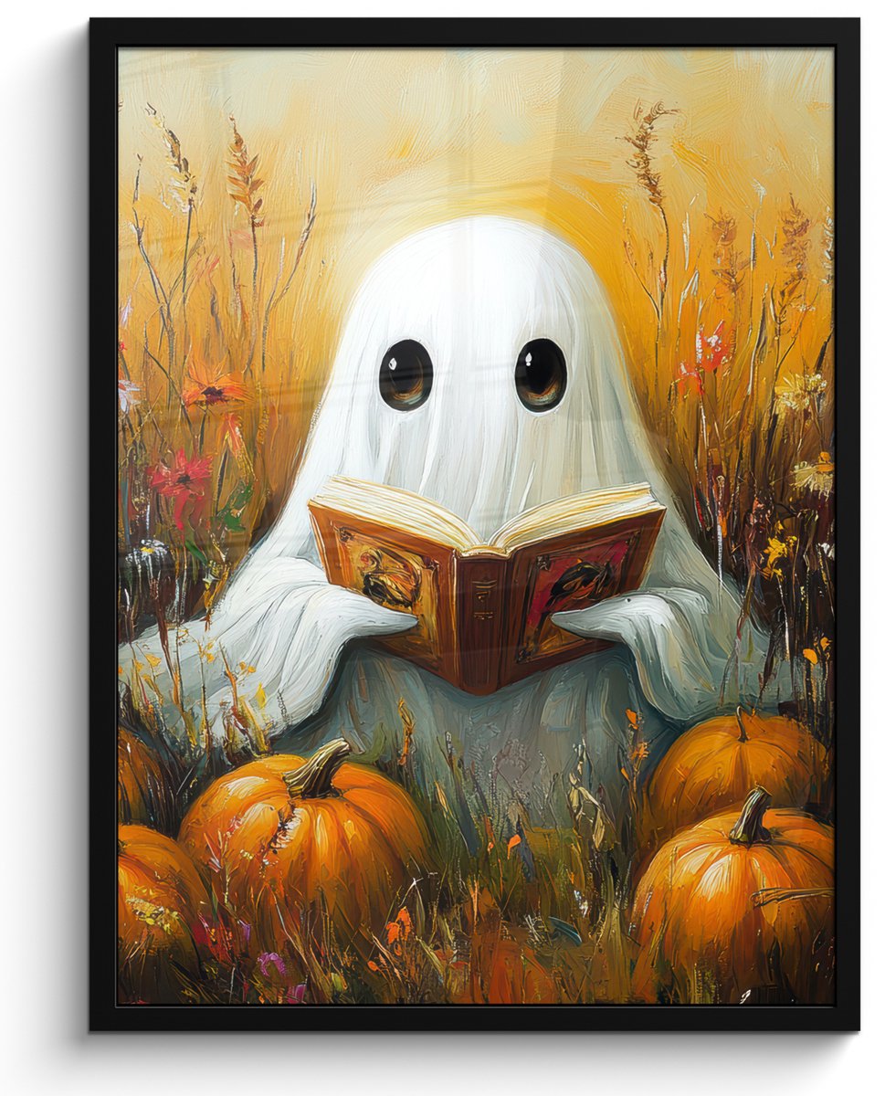 FrameYourWall Poster in lijst - Fotolijst 50x70 cm - Posters - Halloween - Spook - Herfst - Pompoen - Bloemen - Natuur - Posterlijst zwart - Decoratie - Wanddecoratie woonkamer - Muurdecoratie slaapkamer Oranje