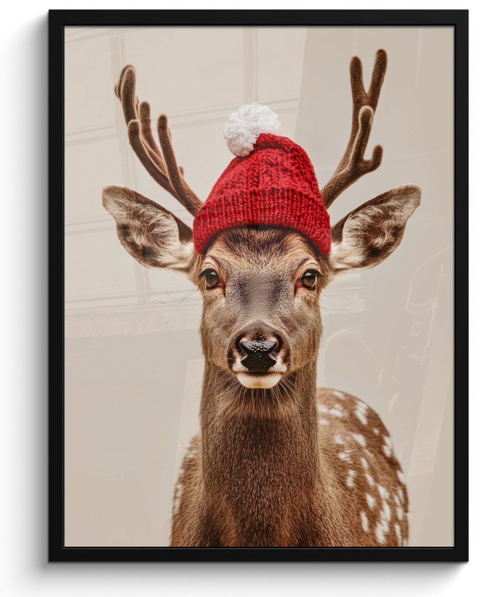 FrameYourWall Poster in lijst - Fotolijst 50x70 cm - Posters - Hert - Kerst - Muts - Dieren - Winter - Grappig - Posterlijst zwart - Decoratie - Wanddecoratie woonkamer - Muurdecoratie slaapkamer - Kerstversiering - Kerstdecoratie voor binnen - Kerstmis