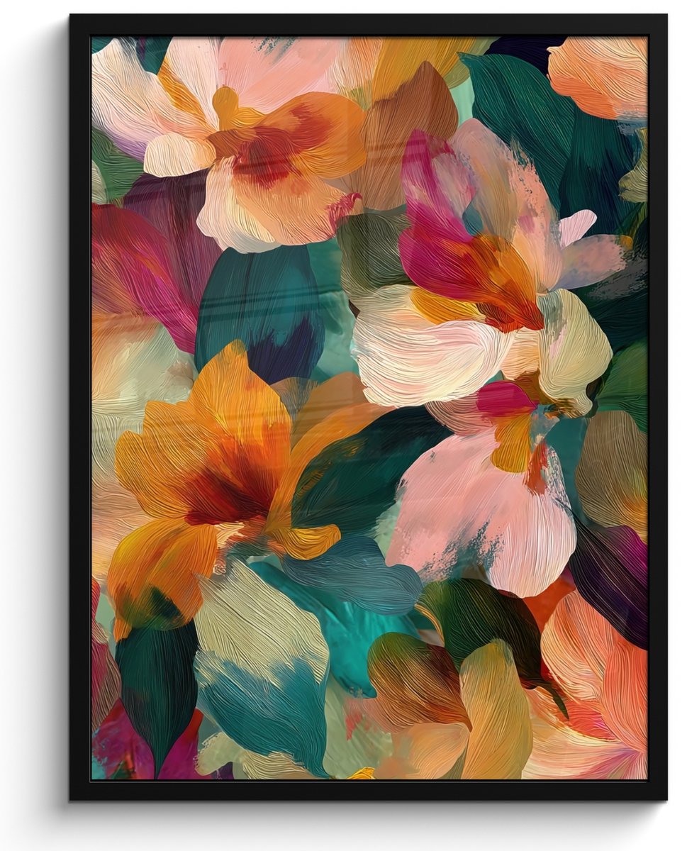 FrameYourWall Poster in lijst - Fotolijst 50x70 cm - Posters - Harmonieus - Abstracte bloemen - Warme tinten - Posterlijst zwart - Decoratie - Wanddecoratie woonkamer - Muurdecoratie slaapkamer Bloemen - Abstract - Harmonieus