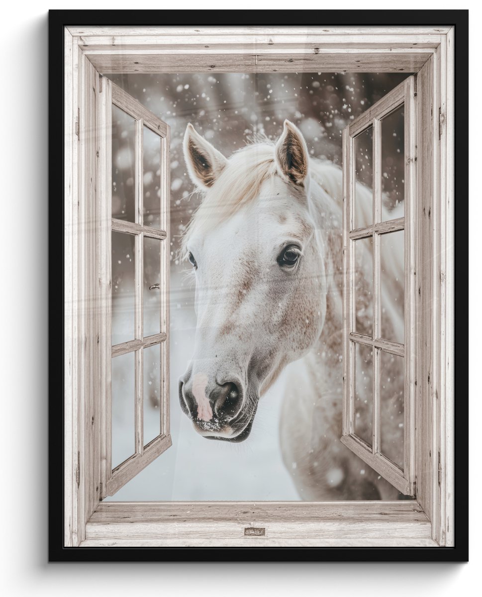 FrameYourWall Poster in lijst - Fotolijst 50x70 cm - Posters - Paard - Wit - Winter - Sneeuw - Doorkijk - Dieren - Posterlijst zwart - Decoratie - Wanddecoratie woonkamer - Muurdecoratie slaapkamer
