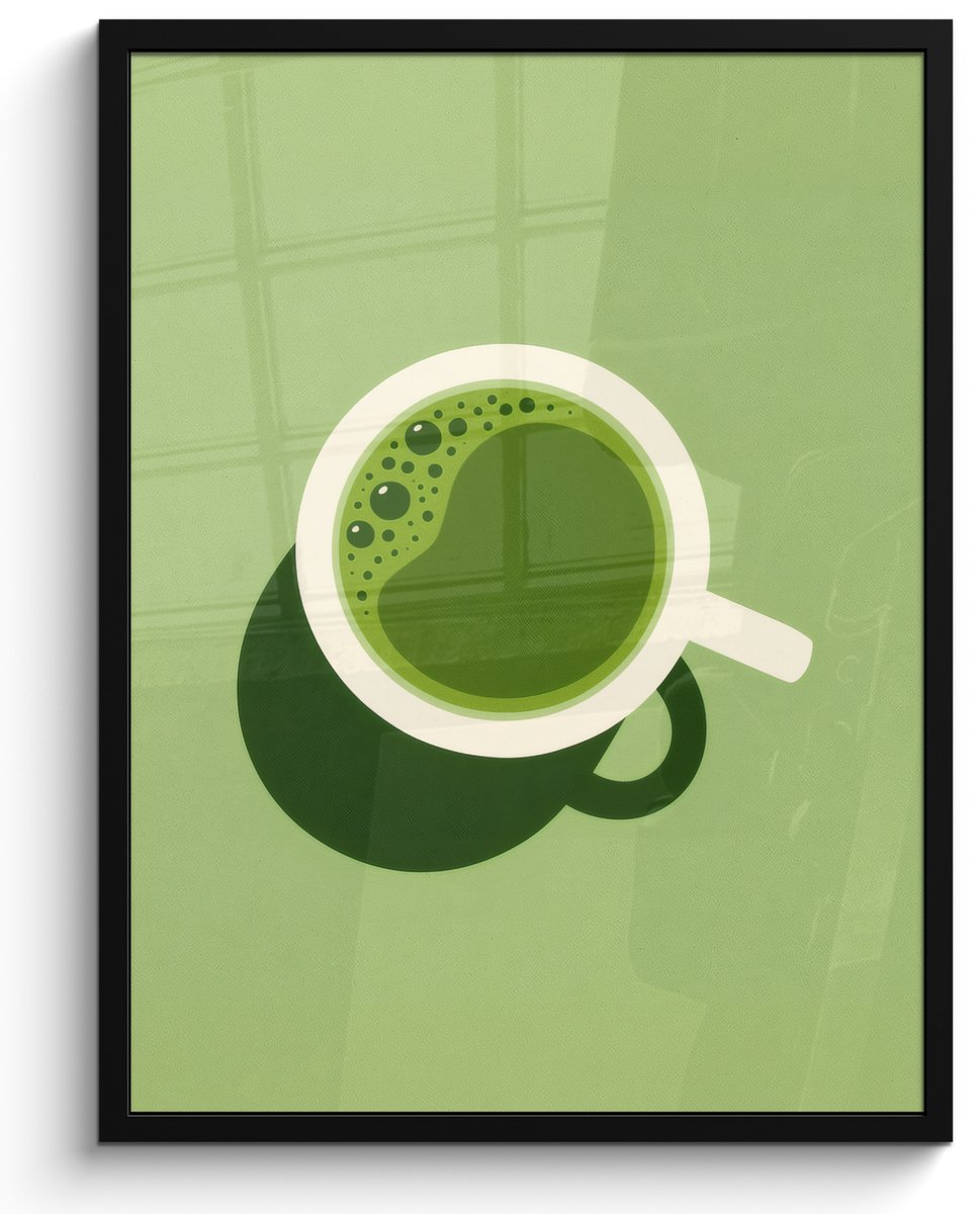 FrameYourWall Poster in lijst - Fotolijst 50x70 cm - Posters - Minimalistisch - Kopjes - Matcha -Groen - Posterlijst zwart - Decoratie - Wanddecoratie woonkamer - Muurdecoratie slaapkamer Kopje - Matcha