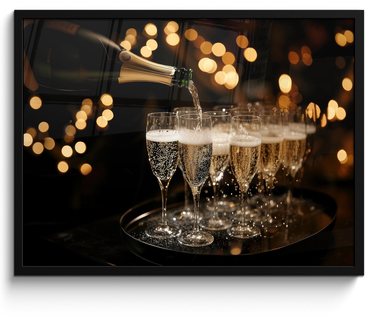 FrameYourWall Fotolijst inclusief poster - Posterlijst 70x50 cm - Posters - Lichtjes - Champagne - Dienblad - Glazen - Foto in lijst - Keuken decoratie muur - Wanddecoratie accessoires - Muurdecoratie - Schilderijen Champagne - Glazen