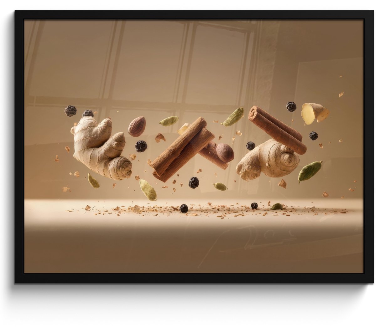 FrameYourWall Poster in lijst - Fotolijst 70x50 cm - Posters - Specerijen - Zweven dynamisch - Geurassociaties - Posterlijst zwart - Decoratie - Wanddecoratie woonkamer - Muurdecoratie slaapkamer Specerijen - Mix