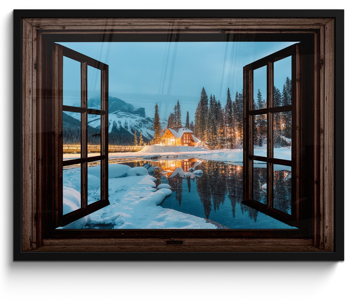 FrameYourWall Poster in lijst - Fotolijst 70x50 cm - Posters - Doorkijk - Winter - Landschap - Natuur - Huis - Bergen - Posterlijst zwart - Decoratie - Wanddecoratie woonkamer - Muurdecoratie slaapkamer Bergmeer
