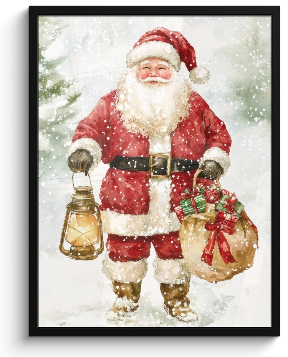 FrameYourWall Poster in lijst - Fotolijst 50x70 cm - Posters - Kerstman- Winter - Sneeuw - Wit - Rood - Posterlijst zwart - Decoratie - Wanddecoratie woonkamer - Muurdecoratie slaapkamer - Kerstversiering - Kerstdecoratie voor binnen - Kerstmis