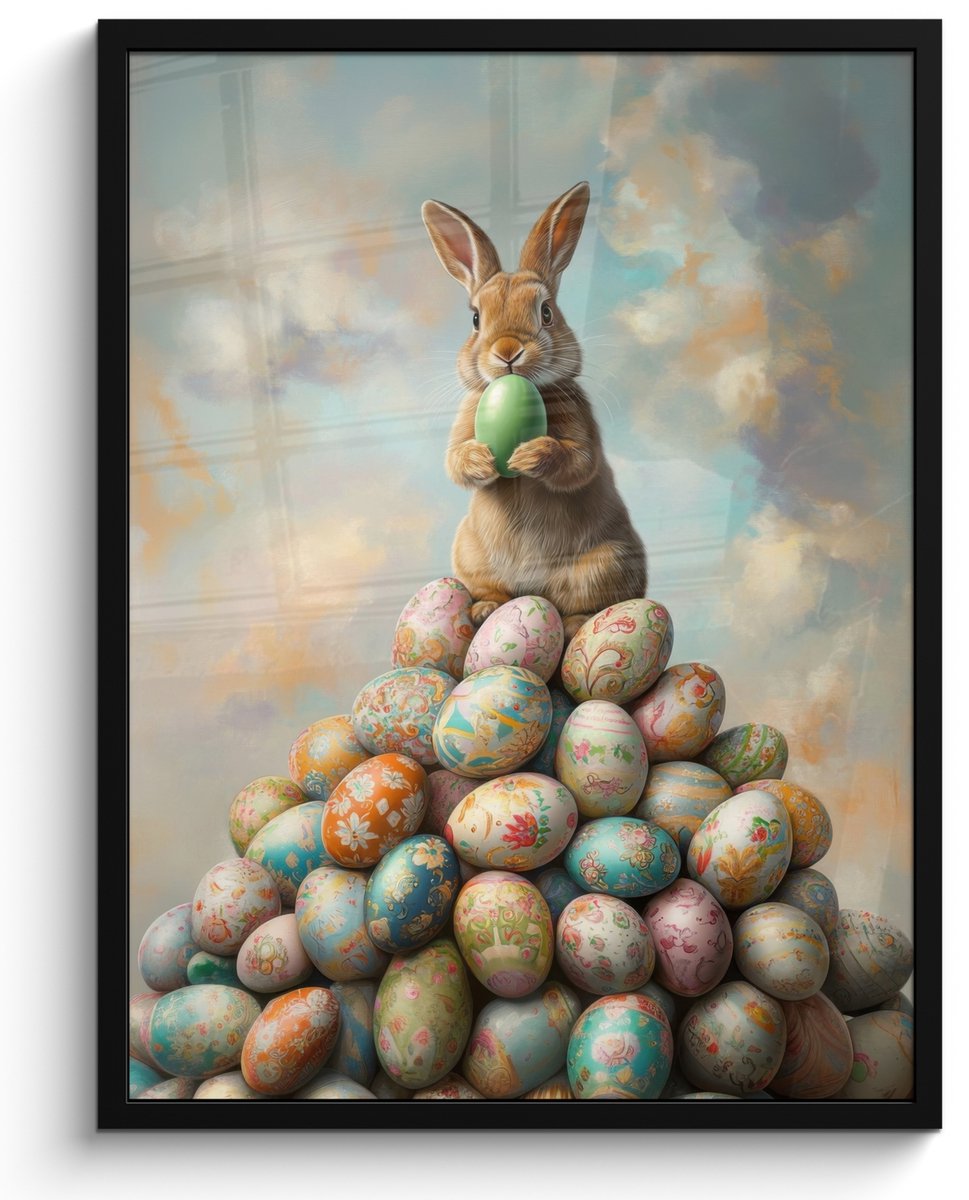 FrameYourWall Poster in lijst - Fotolijst 50x70 cm - Posters - Konijn - Eieren - Kleurrijk - Posterlijst zwart - Decoratie - Wanddecoratie woonkamer - Muurdecoratie slaapkamer Paashaas - Eieren