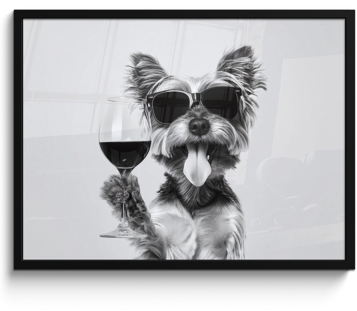 FrameYourWall Poster in lijst - Fotolijst 70x50 cm - Posters - Hondje - Wijnglas - Zonnebril - Enthousiast - Posterlijst zwart - Decoratie - Wanddecoratie woonkamer - Muurdecoratie slaapkamer