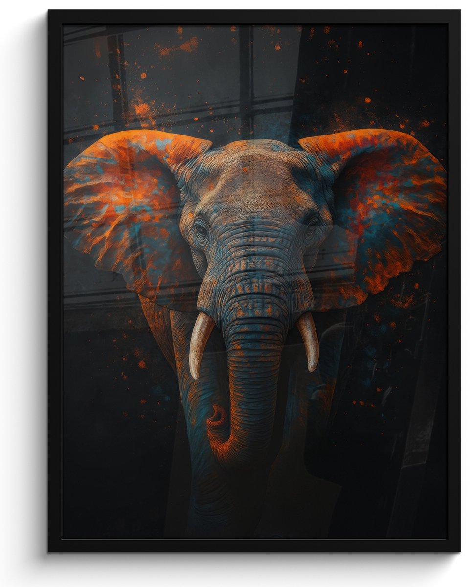 FrameYourWall Poster in lijst - Fotolijst 50x70 cm - Posters - Olifant - Oranje - Oren - Posterlijst zwart - Decoratie - Wanddecoratie woonkamer - Muurdecoratie slaapkamer