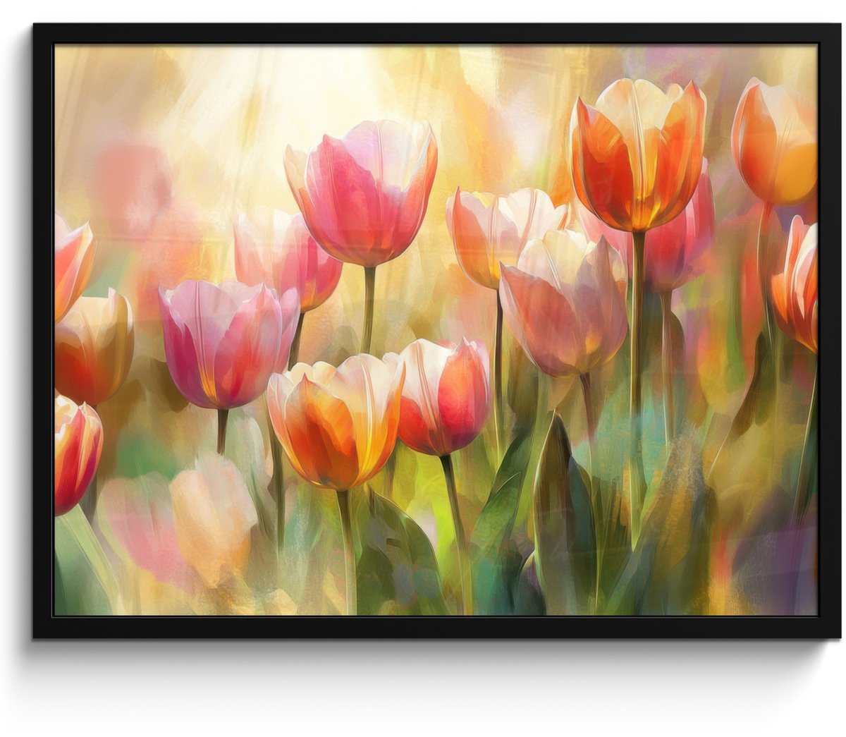 FrameYourWall Poster in lijst - Fotolijst 70x50 cm - Posters - Tulpen - Sprookjesachtig - Kleurrijk - Posterlijst zwart - Decoratie - Wanddecoratie woonkamer - Muurdecoratie slaapkamer Tulpen - Kleurrijk