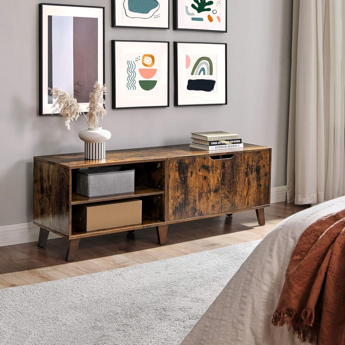Tv-kast 140 cm vintage bruin met 2 deuren en verstelbare planken – geschikt voor televisies tot 60 inch – stijlvolle woonkamer, eetkamer of slaapkameropbergmeubel – Abkantoor