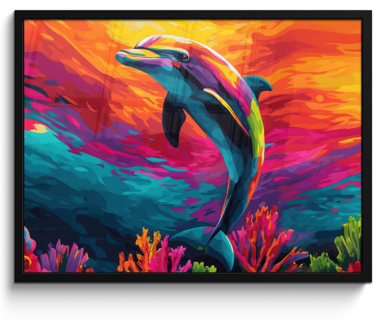 FrameYourWall Poster in lijst - Fotolijst 70x50 cm - Posters - Dolfijn - Kleurrijk - Oceaan - Koraal - Posterlijst zwart - Decoratie - Wanddecoratie woonkamer - Muurdecoratie slaapkamer
