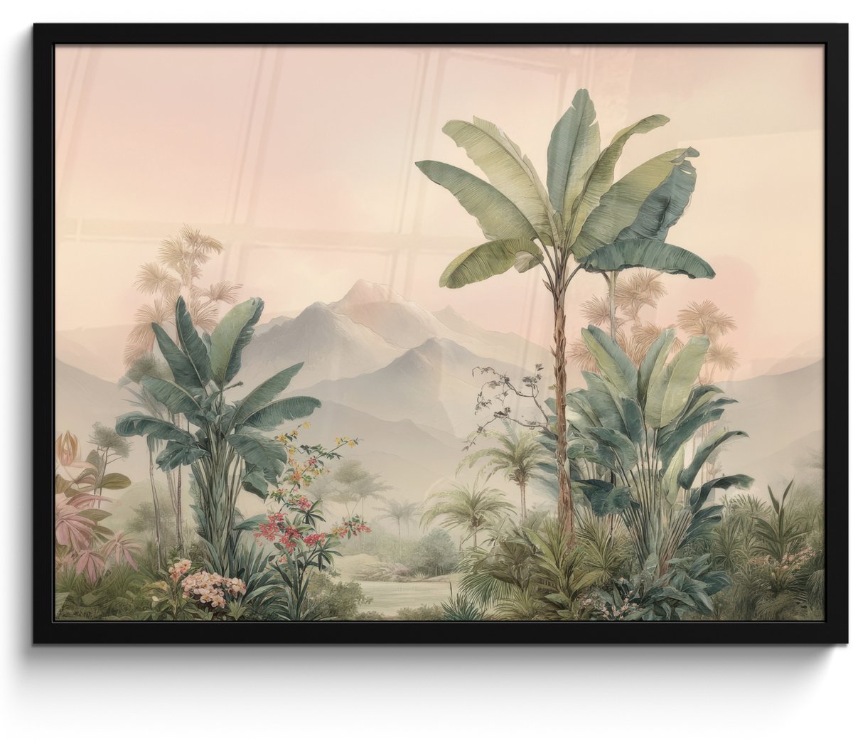 FrameYourWall Poster in lijst - Fotolijst 70x50 cm - Posters - Tropisch landschap - palmbomen - Bloemen - Roze lucht - Posterlijst zwart - Decoratie - Wanddecoratie woonkamer - Muurdecoratie slaapkamer Tropisch - Landschap