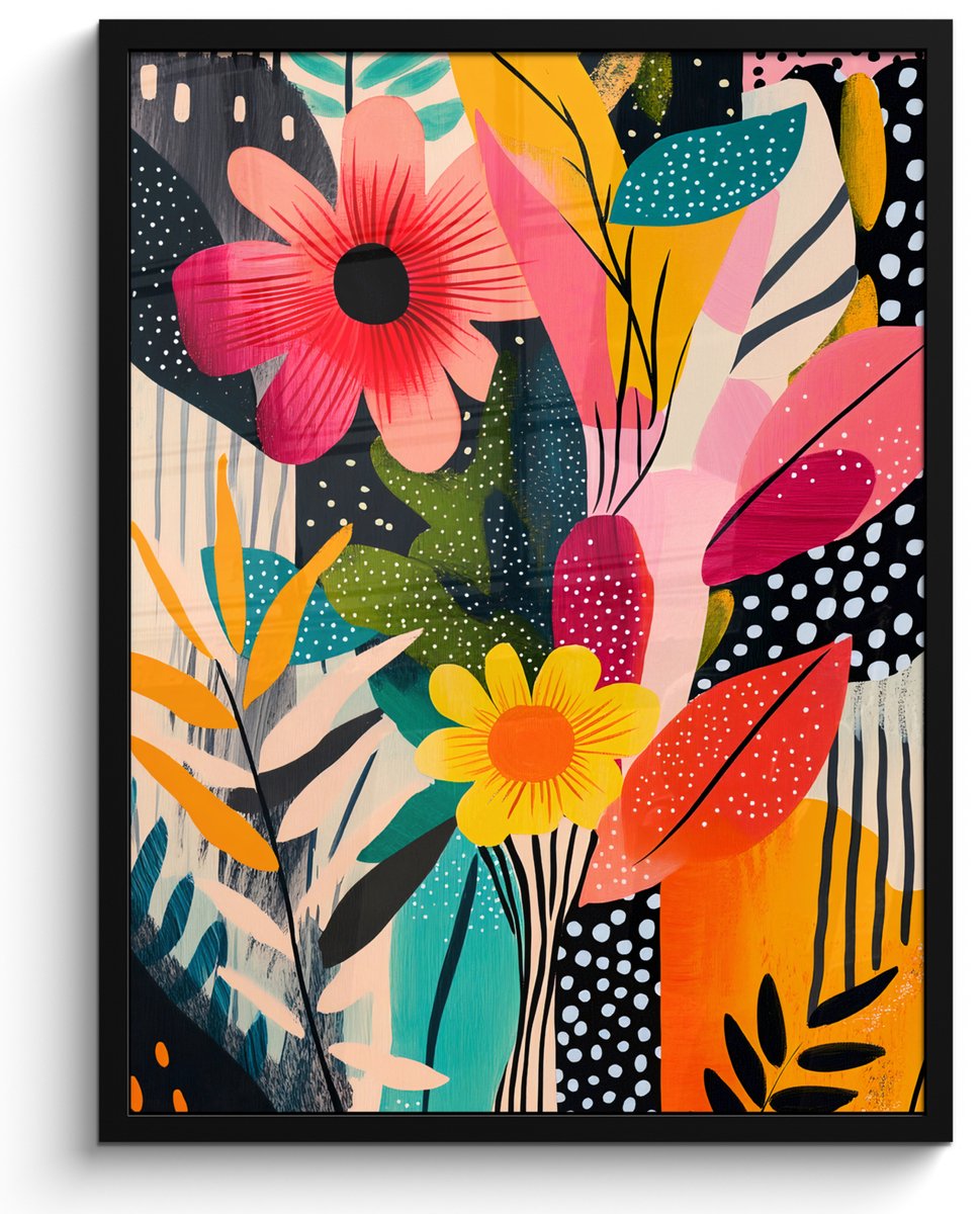 FrameYourWall Poster in lijst - Fotolijst 50x70 cm - Posters - Schilderij - Abstract - Bloemen - Roze - Posterlijst zwart - Decoratie - Wanddecoratie woonkamer - Muurdecoratie slaapkamer Bloemen - Bladeren - Kleurrijk