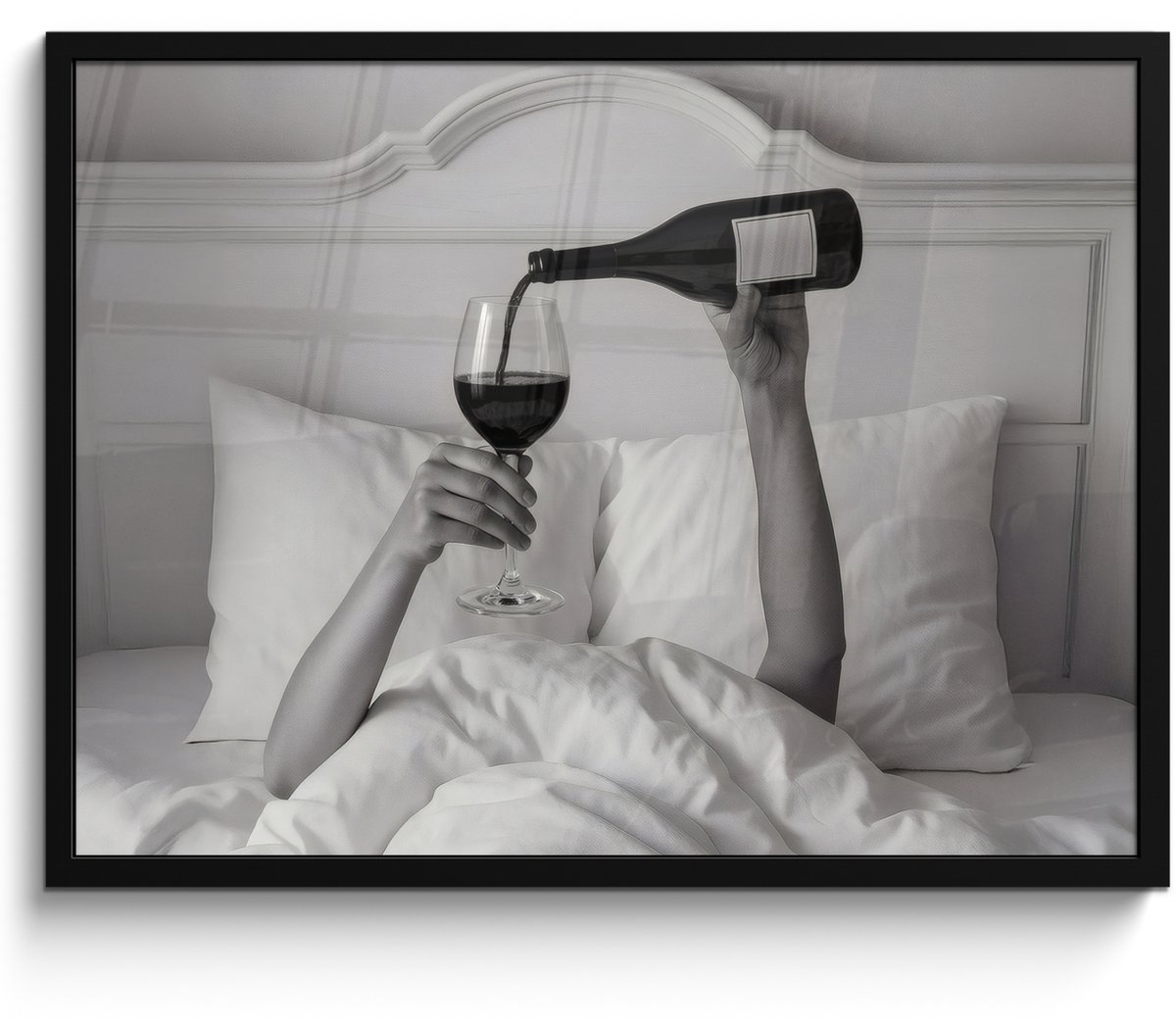 FrameYourWall Poster in lijst - Fotolijst 70x50 cm - Posters - Lakens - Armen - Wijn - Glas - Posterlijst zwart - Decoratie - Wanddecoratie woonkamer - Muurdecoratie slaapkamer Bed - Wijn