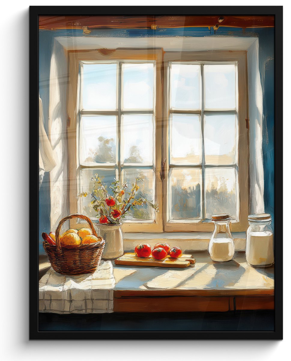 FrameYourWall Poster in lijst - Fotolijst 50x70 cm - Posters - Stilleven - Keuken - Doorkijk - Vintage - Posterlijst zwart - Decoratie - Wanddecoratie woonkamer - Muurdecoratie slaapkamer