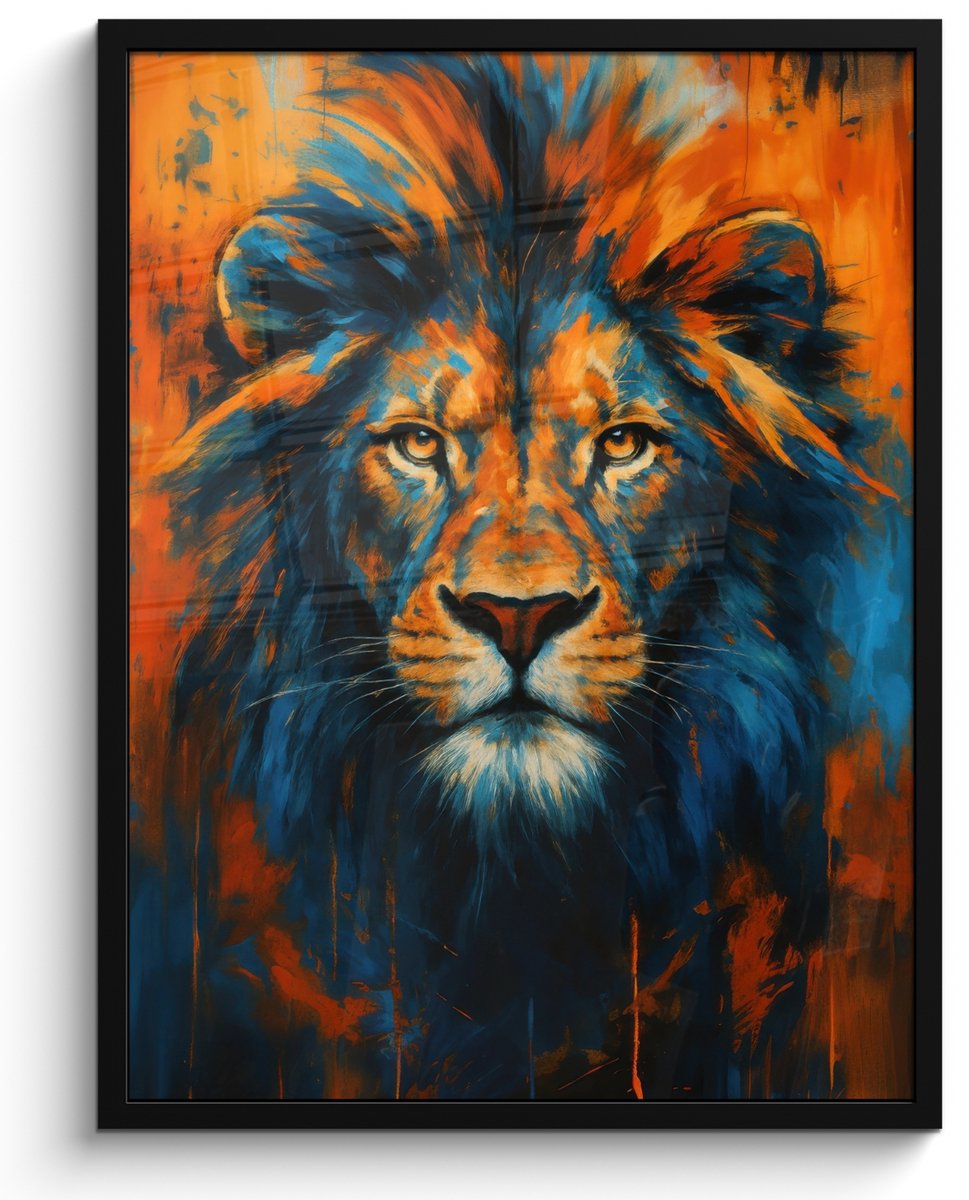 FrameYourWall Poster in lijst - Fotolijst 50x70 cm - Posters - Schilderij - Leeuwenkop - Oranje - Posterlijst zwart - Decoratie - Wanddecoratie woonkamer - Muurdecoratie slaapkamer