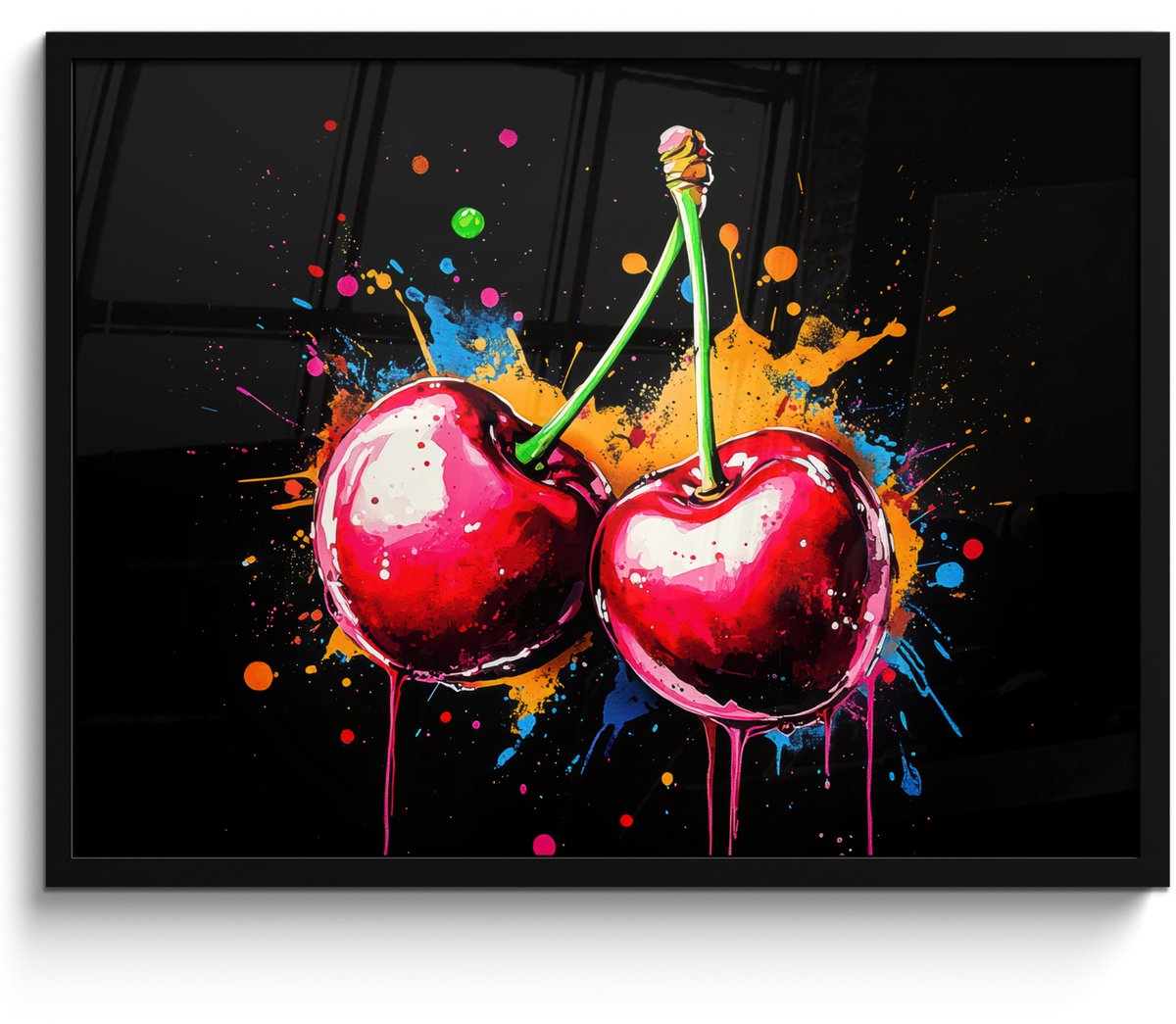 FrameYourWall Poster in lijst - Fotolijst 70x50 cm - Posters - Kersen - Fruit - Graffiti - Verf - Abstract - Modern - Kleurrijk - Posterlijst zwart - Decoratie - Wanddecoratie woonkamer - Muurdecoratie slaapkamer Graffiti - Kersen