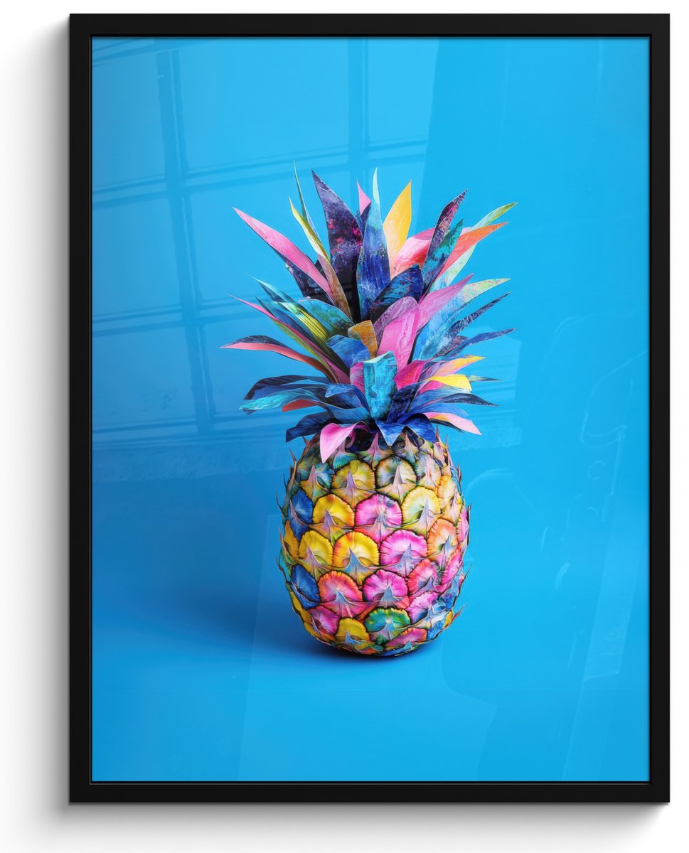 FrameYourWall Poster in lijst - Fotolijst 50x70 cm - Posters - Ananas - Blauw - Tropisch - Vrolijk - Posterlijst zwart - Decoratie - Wanddecoratie woonkamer - Muurdecoratie slaapkamer Ananas - Tropisch