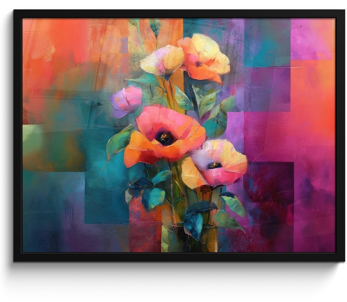 FrameYourWall Poster in lijst - Fotolijst 70x50 cm - Posters - Geometrische kleurvlaken - Modern - Fantasiebloemen - Posterlijst zwart - Decoratie - Wanddecoratie woonkamer - Muurdecoratie slaapkamer Bloemen - Kleurvlakken