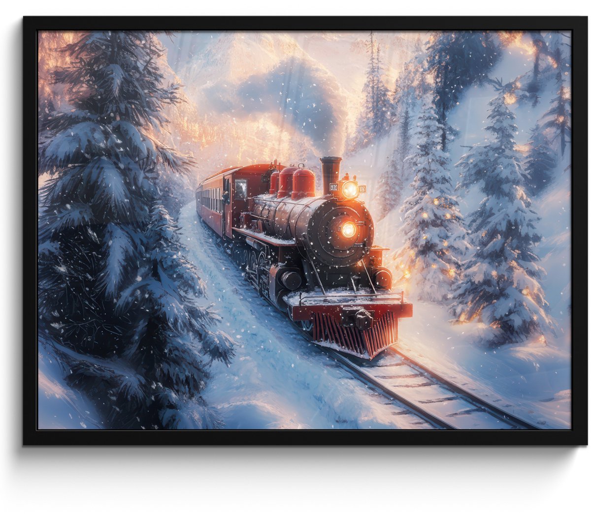 FrameYourWall Poster in lijst - Fotolijst 70x50 cm - Posters - Kersttrein - Sneeuw - Winter - Kerst - Posterlijst zwart - Decoratie - Wanddecoratie woonkamer - Kerstdecoratie voor binnen - Kerstversiering - Kerstmis versiering in huis - Kerstaccessoires Stoomtrein - Winter