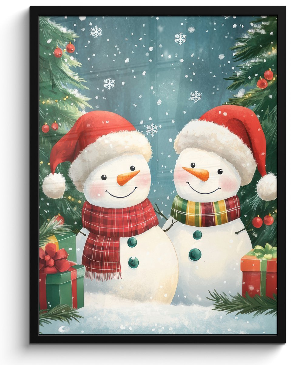 FrameYourWall Poster in lijst - Fotolijst 50x70 cm - Posters - Sneeuwpop - Kerstsneeuw - Groen - Rood - Posterlijst zwart - Decoratie - Wanddecoratie woonkamer - Muurdecoratie slaapkamer - Kerstversiering - Kerstdecoratie voor binnen - Kerstmis