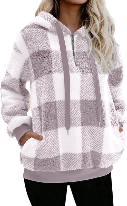 Zachte, oversized witte en grijze geruite sherpa hoodie met rits, capuchon en kangoeroezak.