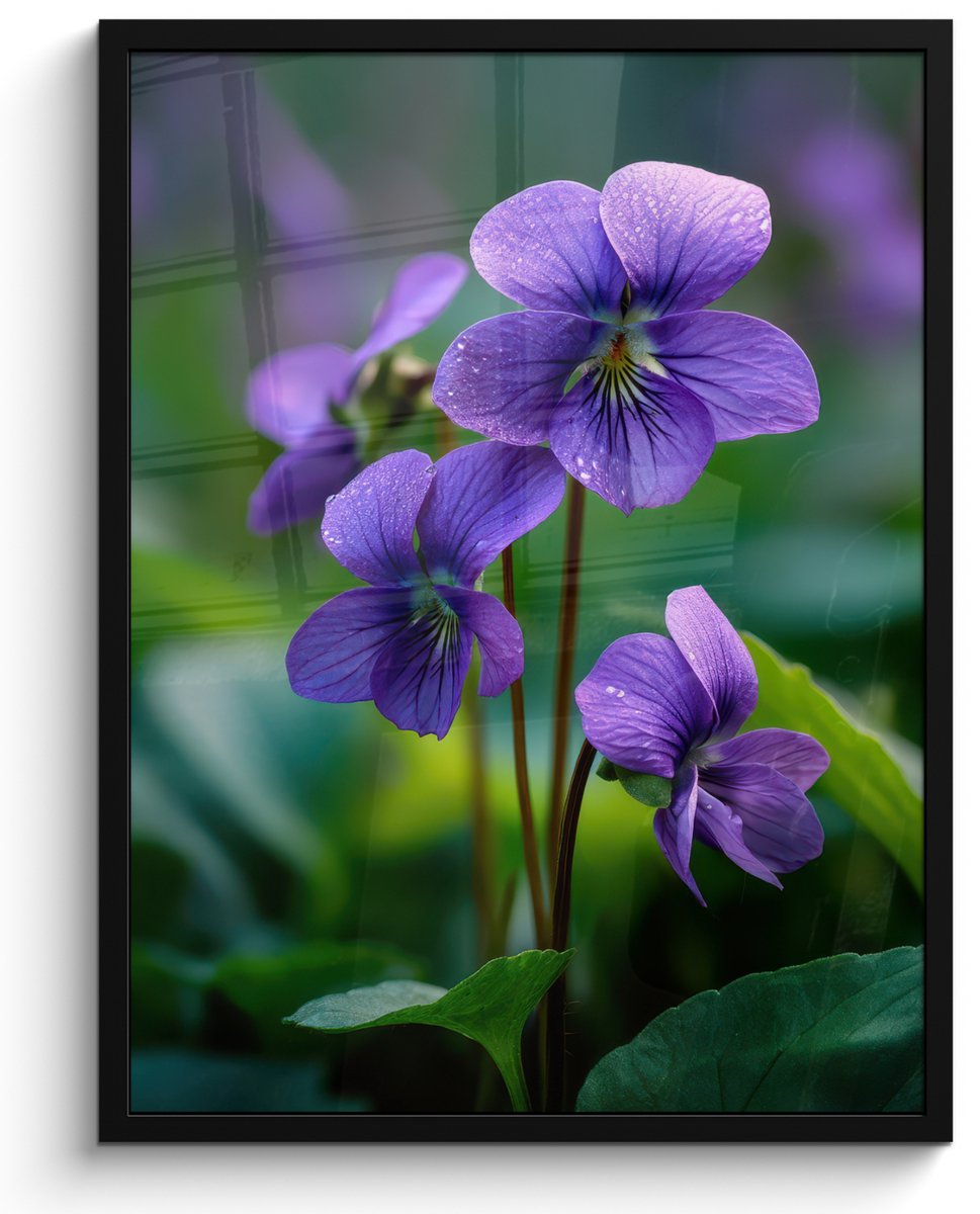 FrameYourWall Poster in lijst - Fotolijst 50x70 cm - Posters - Viooltjes - Paars - Bloem - Bladeren - Posterlijst zwart - Decoratie - Wanddecoratie woonkamer - Muurdecoratie slaapkamer