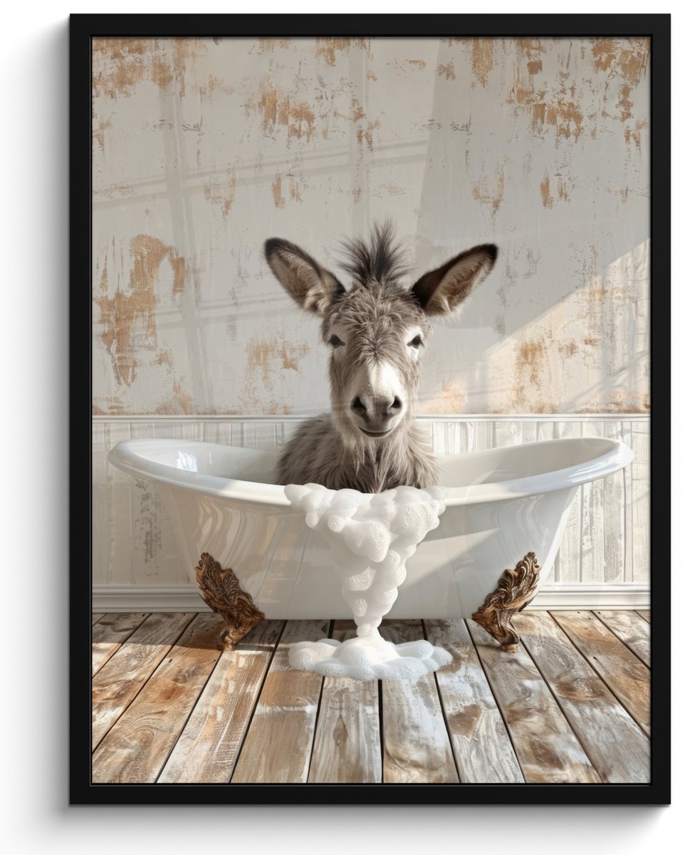 Poster in lijst - Fotolijst 50x70 cm - Posters - Ezel - Dieren - Badkuip - Schuim - Poster