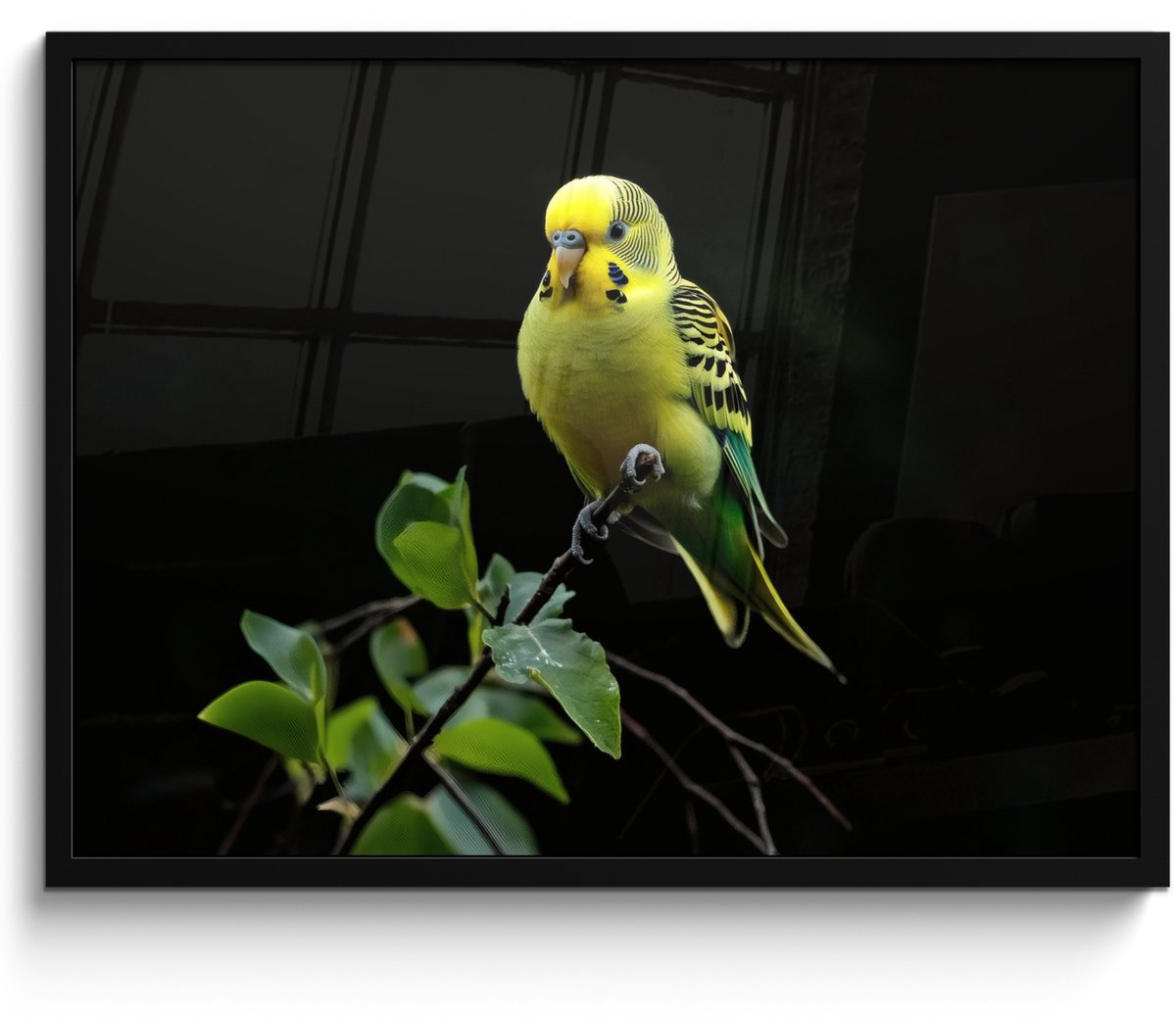FrameYourWall Poster in lijst - Fotolijst 70x50 cm - Posters - Parkiet - Tak - Bladeren - Geel - Posterlijst zwart - Decoratie - Wanddecoratie woonkamer - Muurdecoratie slaapkamer