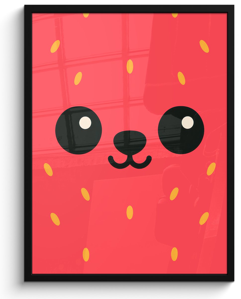 FrameYourWall Poster in lijst - Fotolijst 50x70 cm - Posters - Kat - Aardbei - Cartoon - Posterlijst zwart - Decoratie - Wanddecoratie woonkamer - Muurdecoratie slaapkamer
